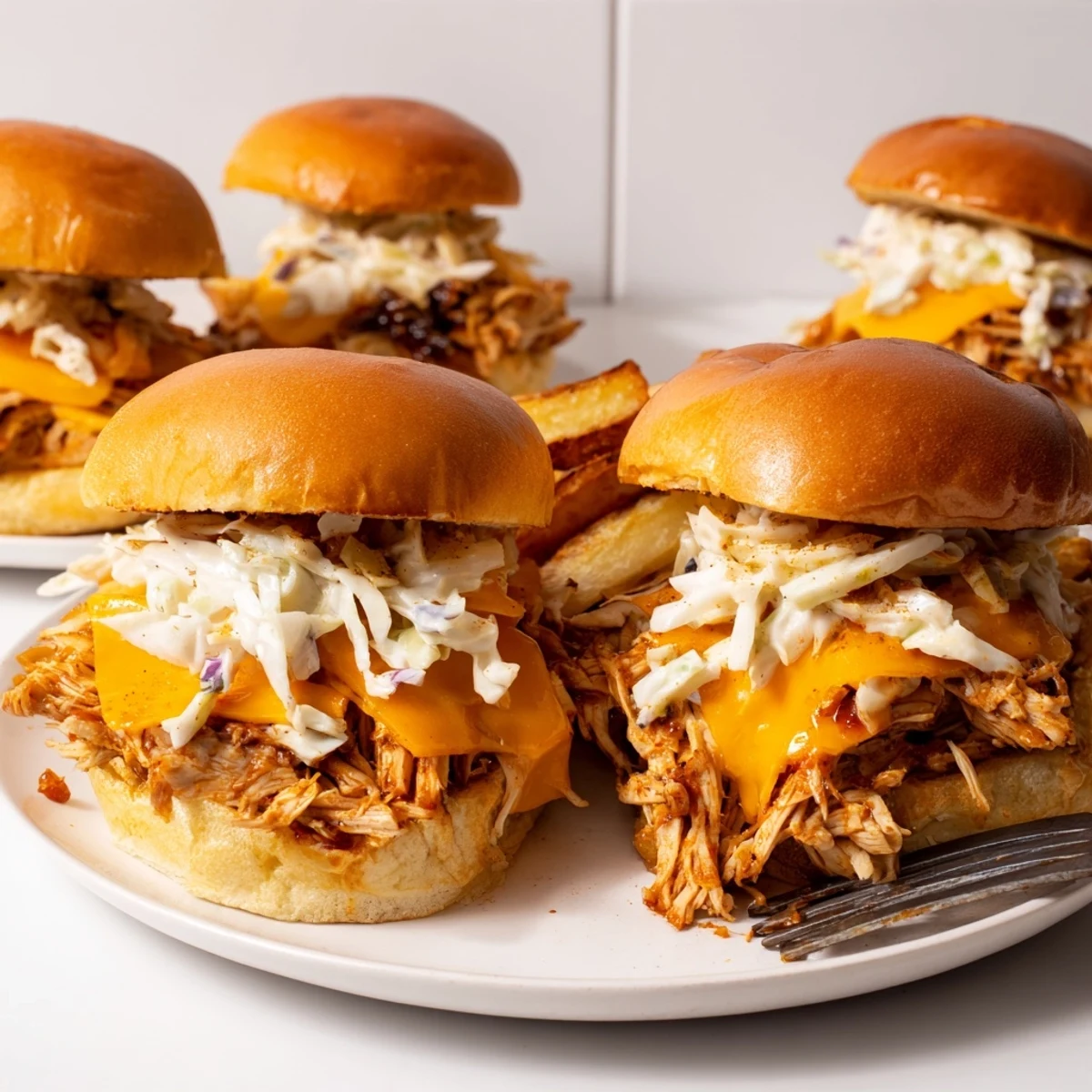 Tender shredded BBQ Chicken Sliders with melted cheese, accompanied by seasoned crispy fries.