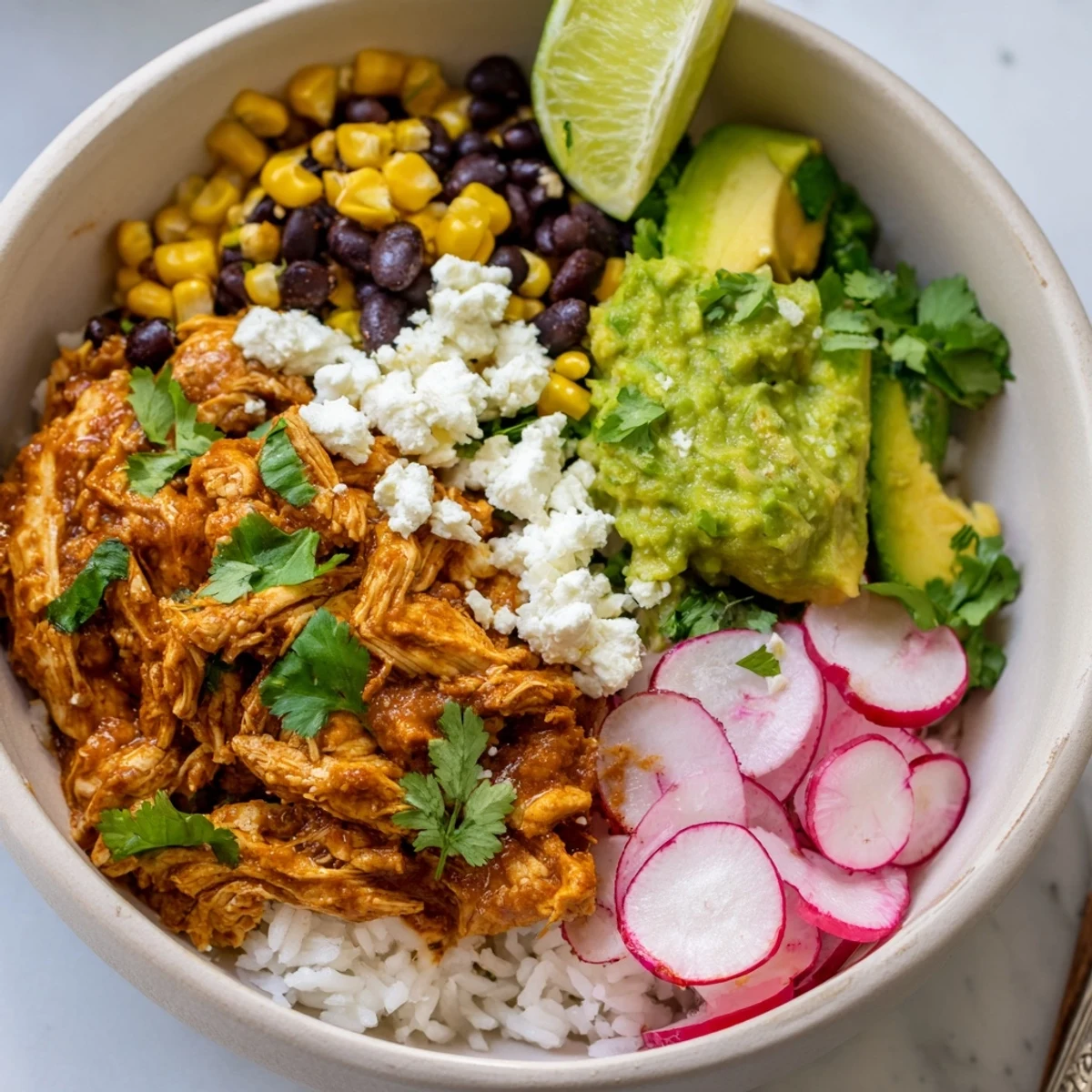Tempting Green Enchiladas Rice Bowl garnished with radishes and lime for flavor.