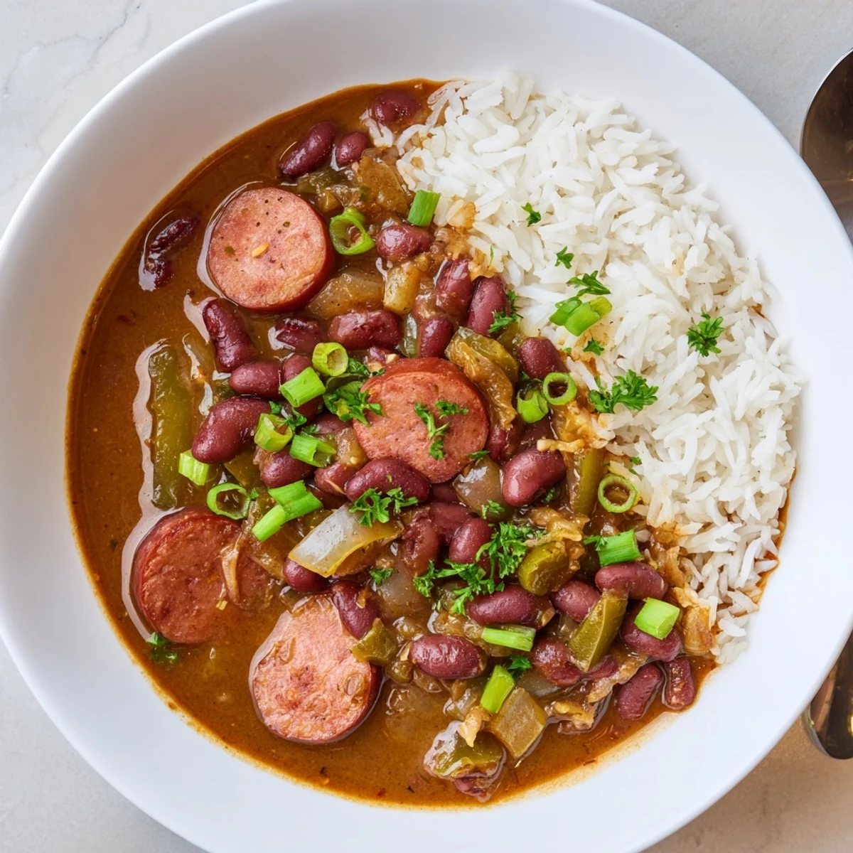 A steaming bowl of Red Beans & Rice topped with fresh green onions.  
