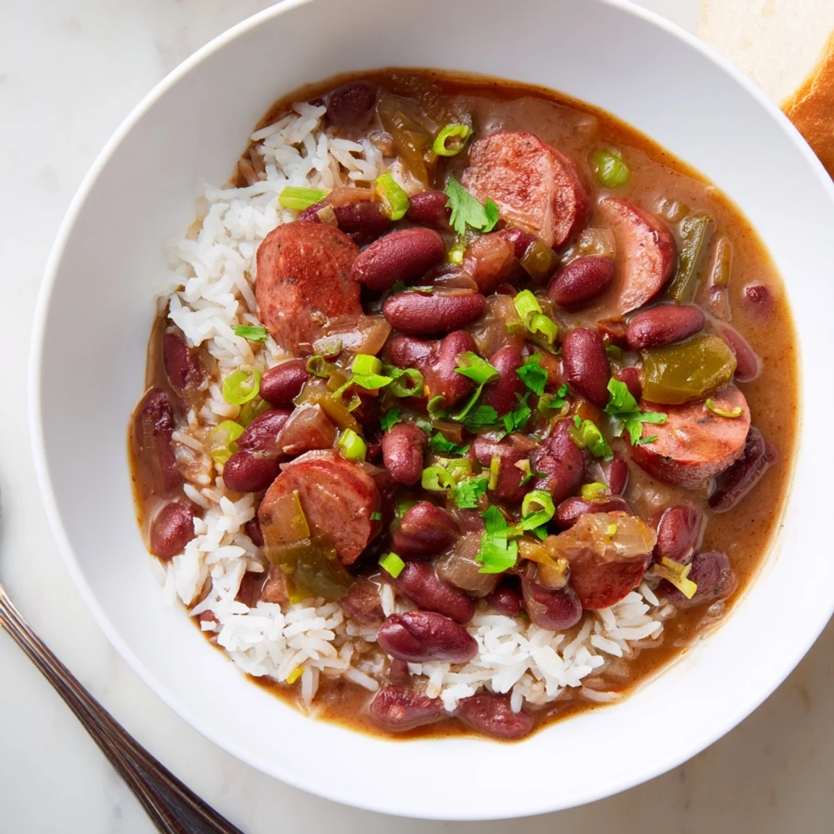 Hearty Red Beans & Rice dish featuring tender beans and savory smoked sausage.