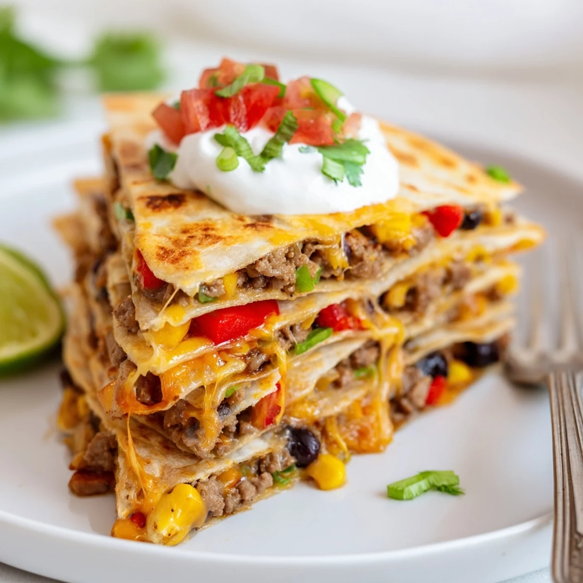 Crispy Sheet Pan Quesadillas with beef, cheese, and colorful veggies ready to serve.