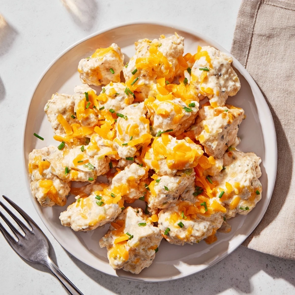 Juicy chicken breasts covered in creamy ranch and melted cheddar cheese, baked delightfully.  