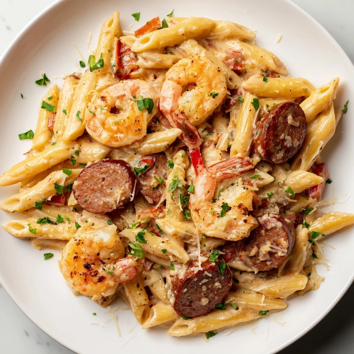 One-pan Cajun Sausage & Shrimp Alfredo Pasta Skillet, showcasing vibrant colors and rich sauce.  