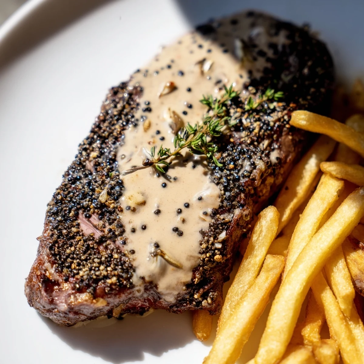 Savor the flavor of the Classic Peppercorn Ribeye with rich peppercorn sauce.  