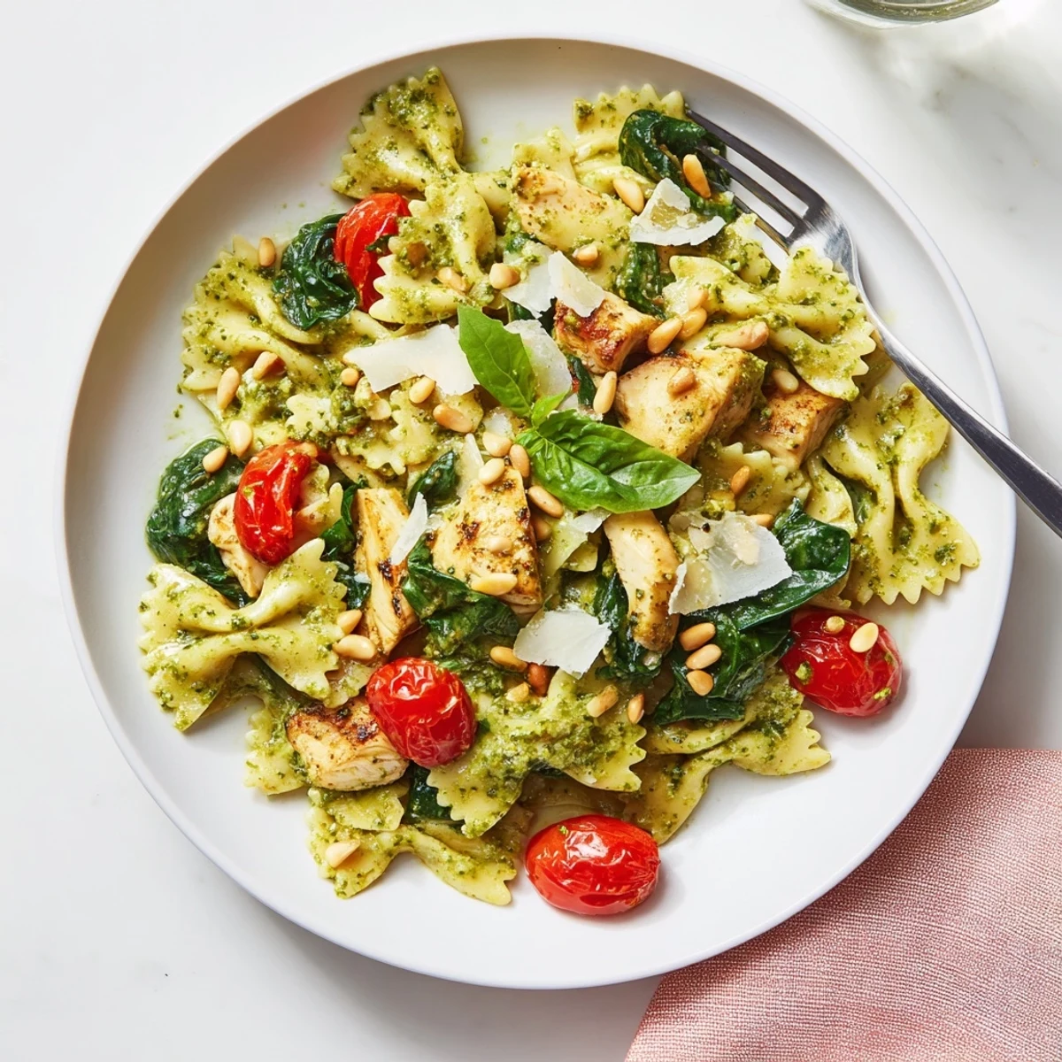 A colorful bowl of Pesto Chicken Bowtie Pasta topped with fresh basil and pine nuts.  