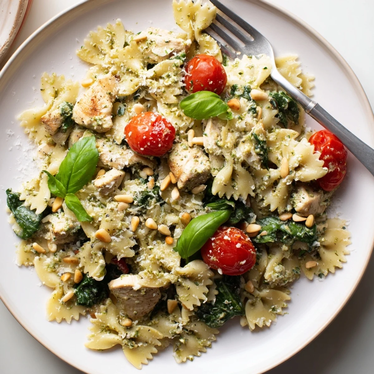 Delicious Pesto Chicken Bowtie Pasta dish, perfect for a quick weeknight family dinner.