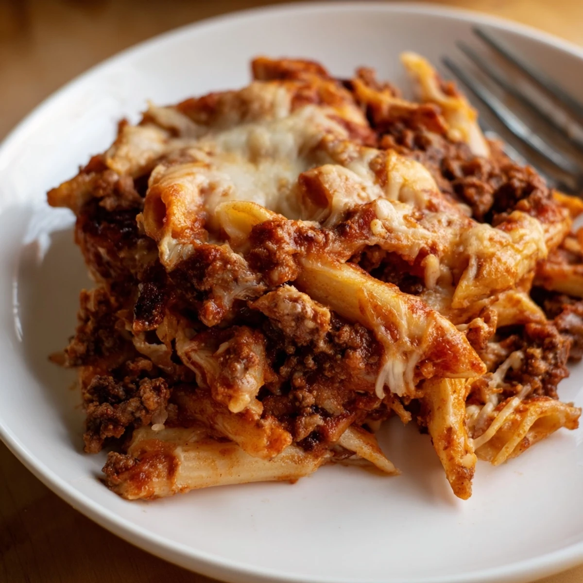 Warm, bubbling Cheesy Beef & Penne Bake served with crusty bread and salad.