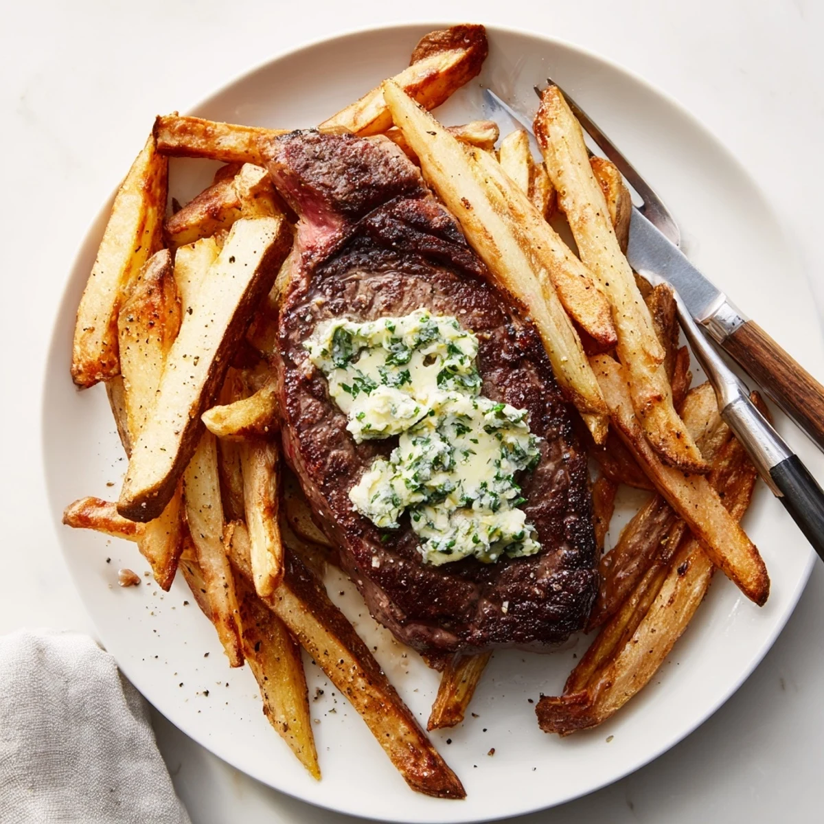 Indulgent Steakhouse Garlic Butter Steak paired with crispy fries and vibrant herbs.