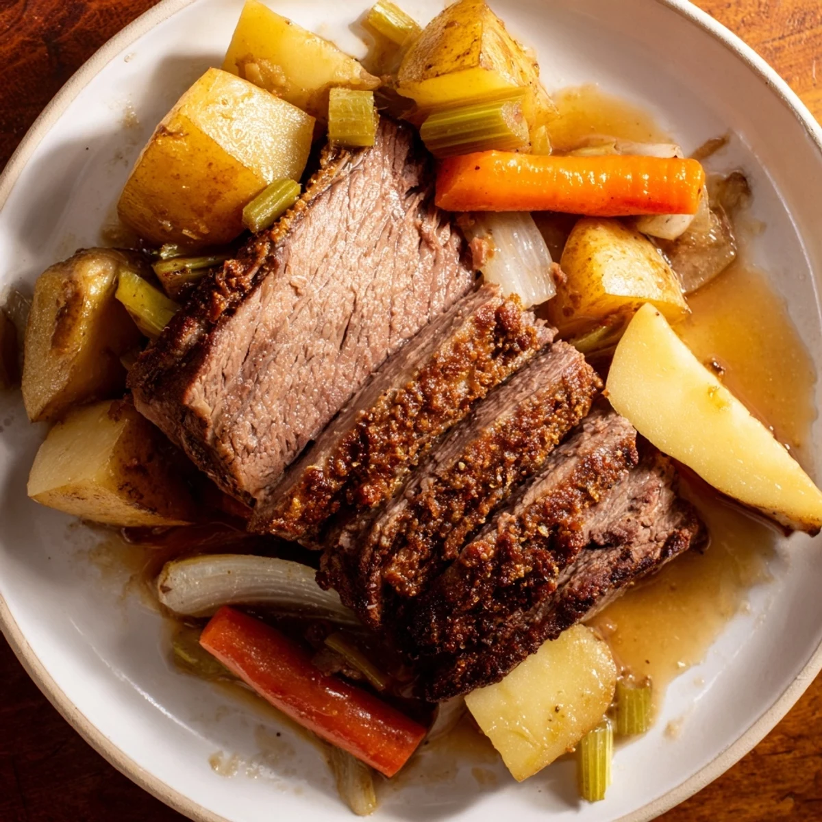Hearty family-style Sunday Pot Roast, showcasing a perfectly browned beef roast surrounded by vibrant veggies.