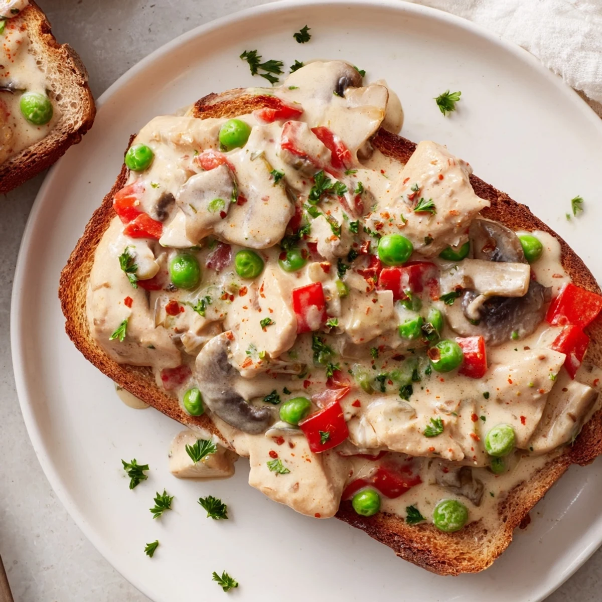 A close-up of steaming chicken à la king, featuring tender chicken and vibrant vegetables, perfect on toast.