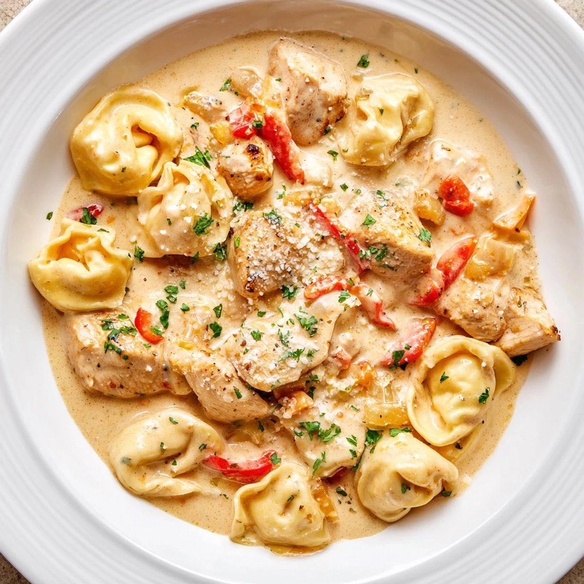 Spicy Zesty Cajun Garlic Parmesan Chicken Tortellini in a rich sauce, perfectly plated and ready to enjoy.