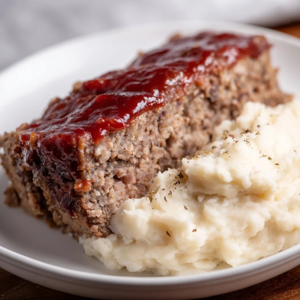 A plate of comforting Classic Meatloaf and Mashed Potatoes, steaming and ready to eat.