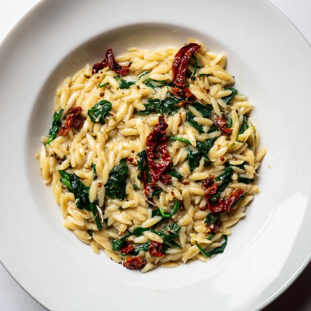 Warm and inviting Creamy Tuscan Orzo Bowl, garnished with Parmesan cheese and fresh spinach, ready to serve.
