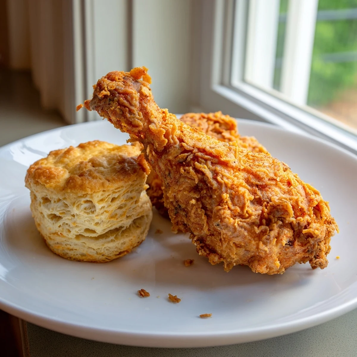 Flaky buttermilk biscuits beside a plate of perfectly fried chicken, a Southern dinner delight.