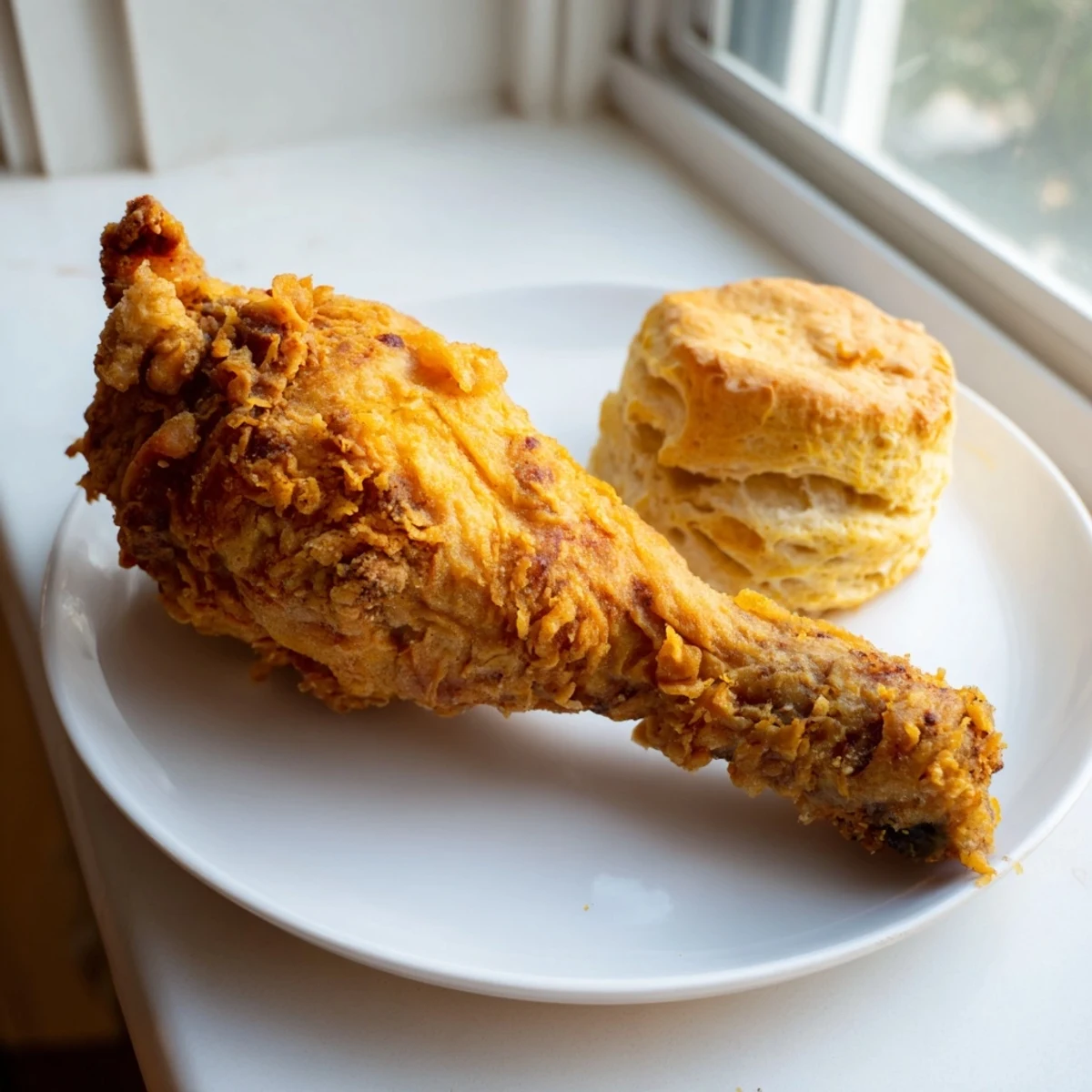 Close-up of golden brown Southern fried chicken and soft buttermilk biscuits ready to be enjoyed.