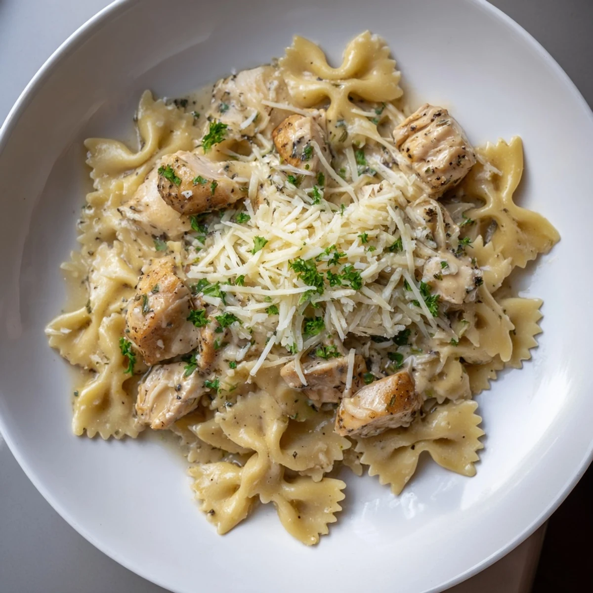 Mozzarella Garlic Butter Chicken Bowties, a creamy delight with melted cheese and tender chicken.