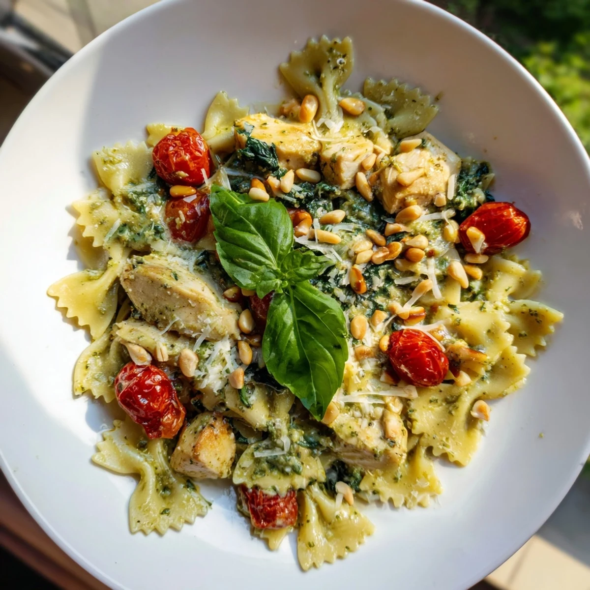 Creamy pesto chicken bowtie pasta with vibrant tomatoes, perfect for family dinner.