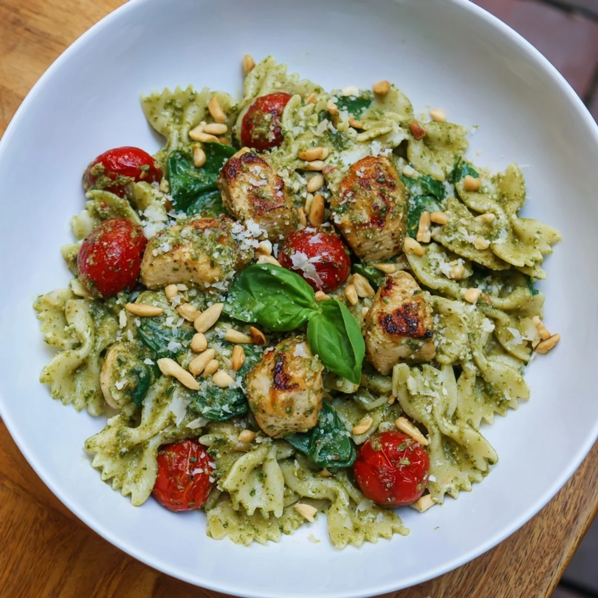 A flavorful bowl of pesto chicken bowtie pasta, generously topped with Parmesan cheese.