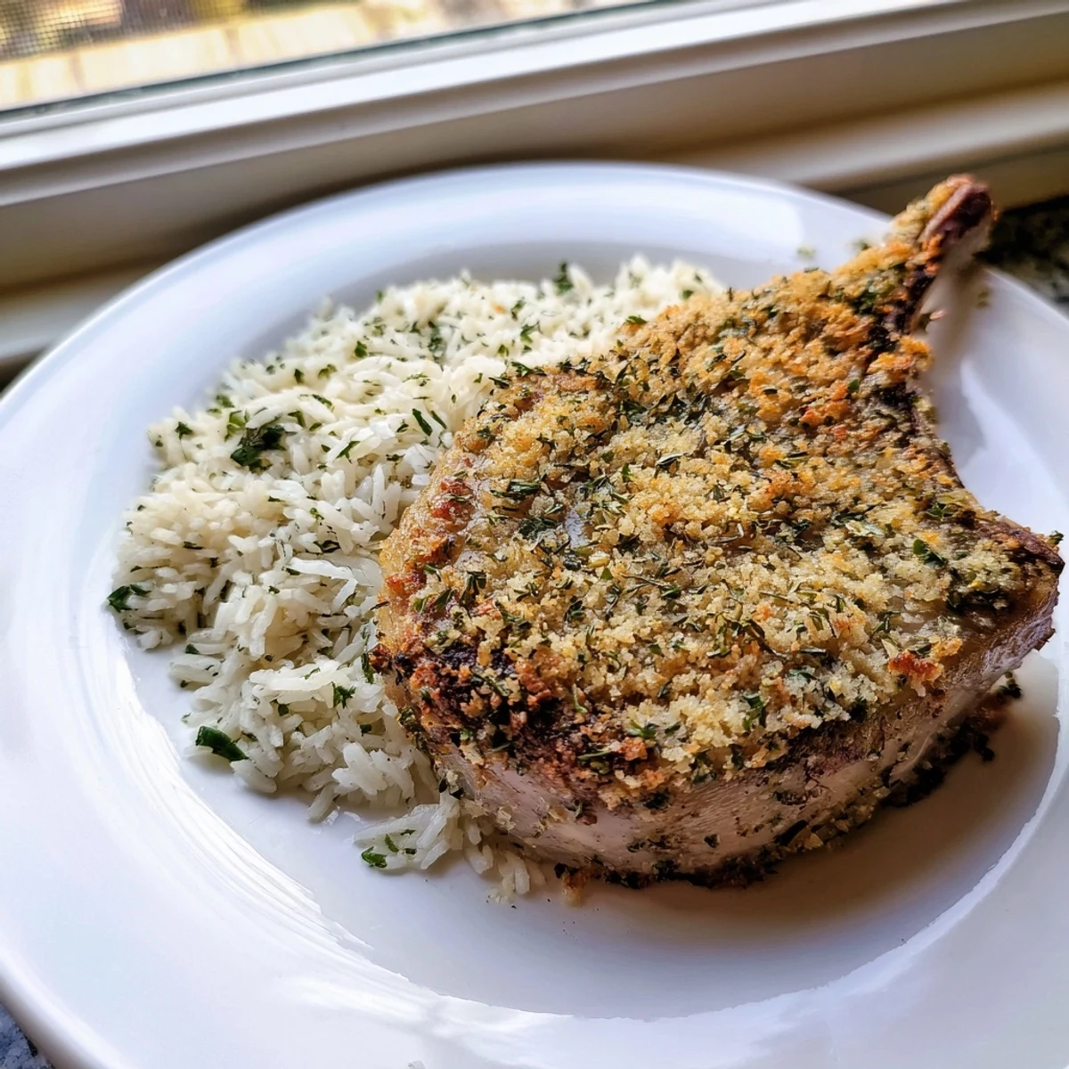 Golden-crusted Parmesan Herb Pork Chops, sizzling, served atop a bed of fragrant, fluffy rice.