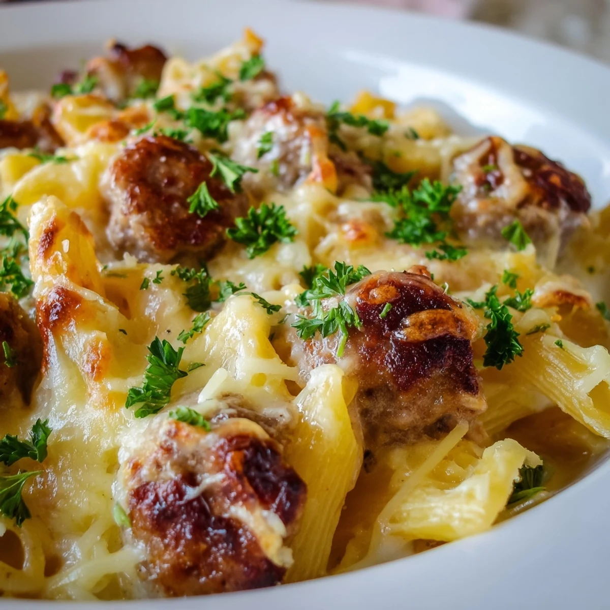 Golden, bubbly Smoked Sausage & Cheddar Pasta Bake, served with a fresh parsley garnish.