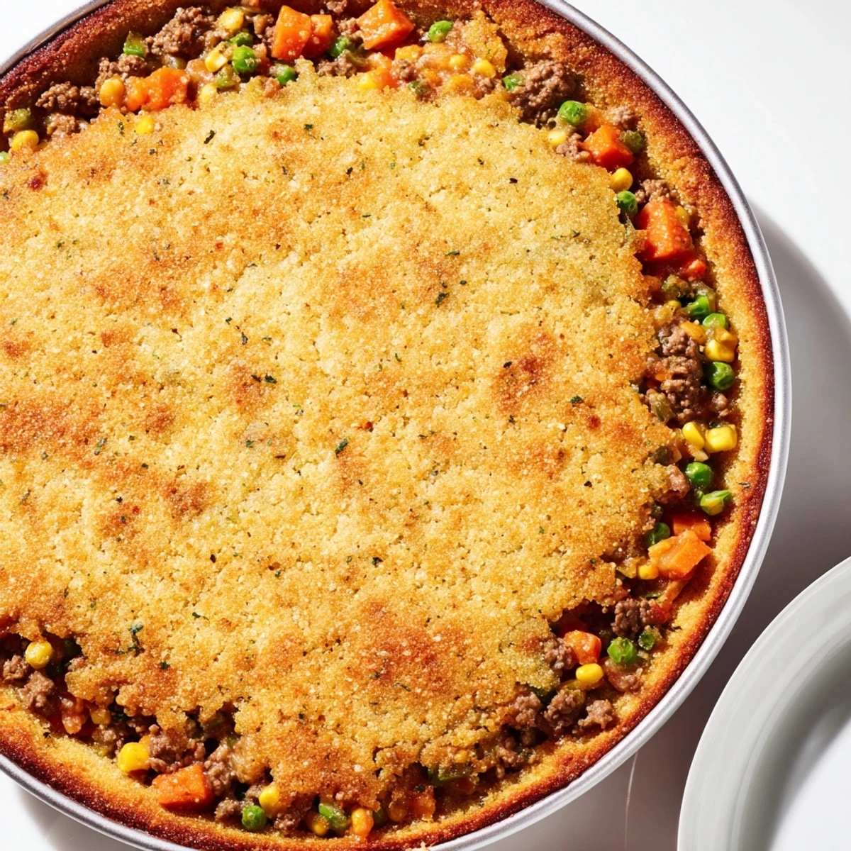 Golden cornbread crust topping the savory beef and vegetable filling in the Cornbread Crusted Beef Pie.