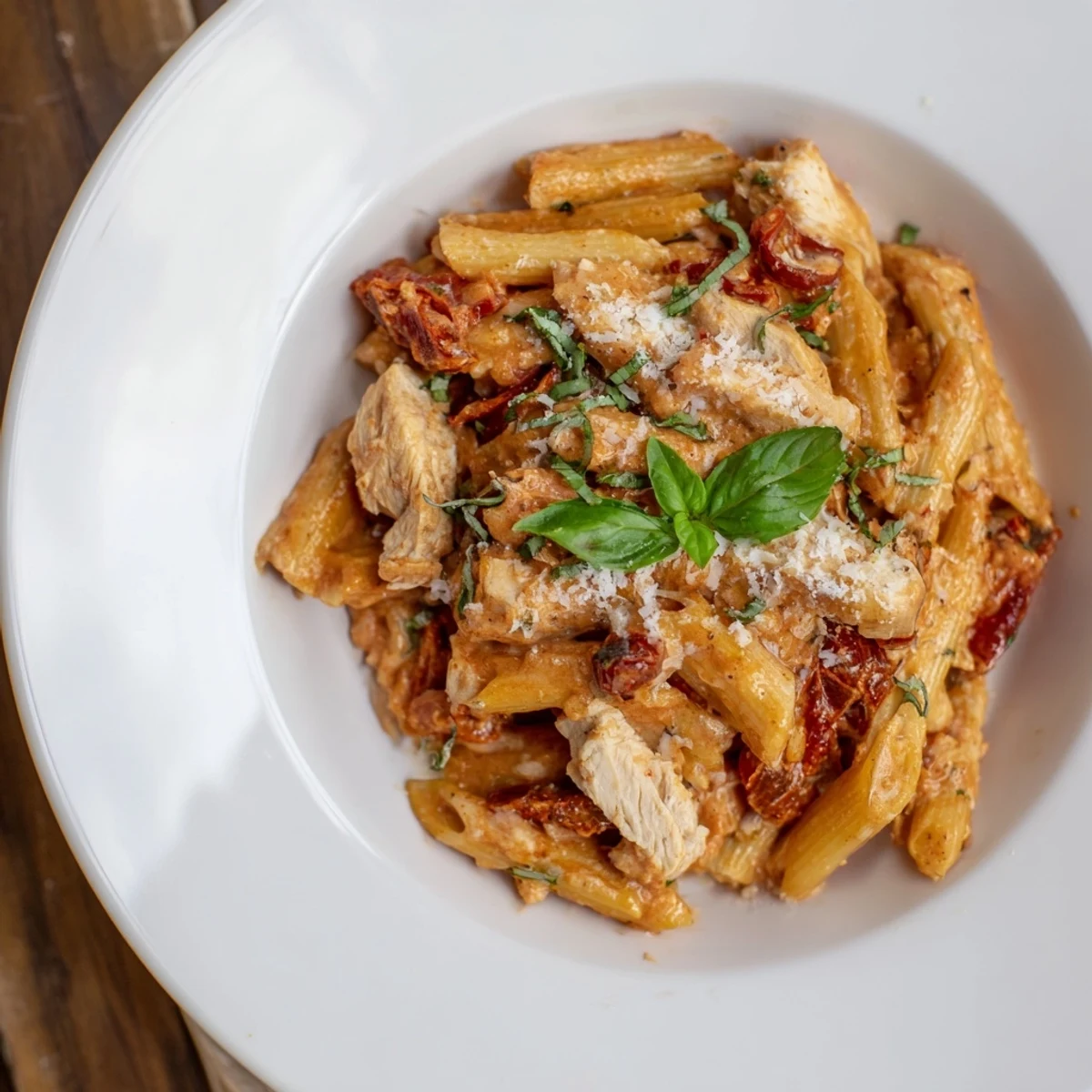 Creamy Tomato Basil Chicken Pasta in a skillet, glistening with rich tomato sauce and fresh basil.