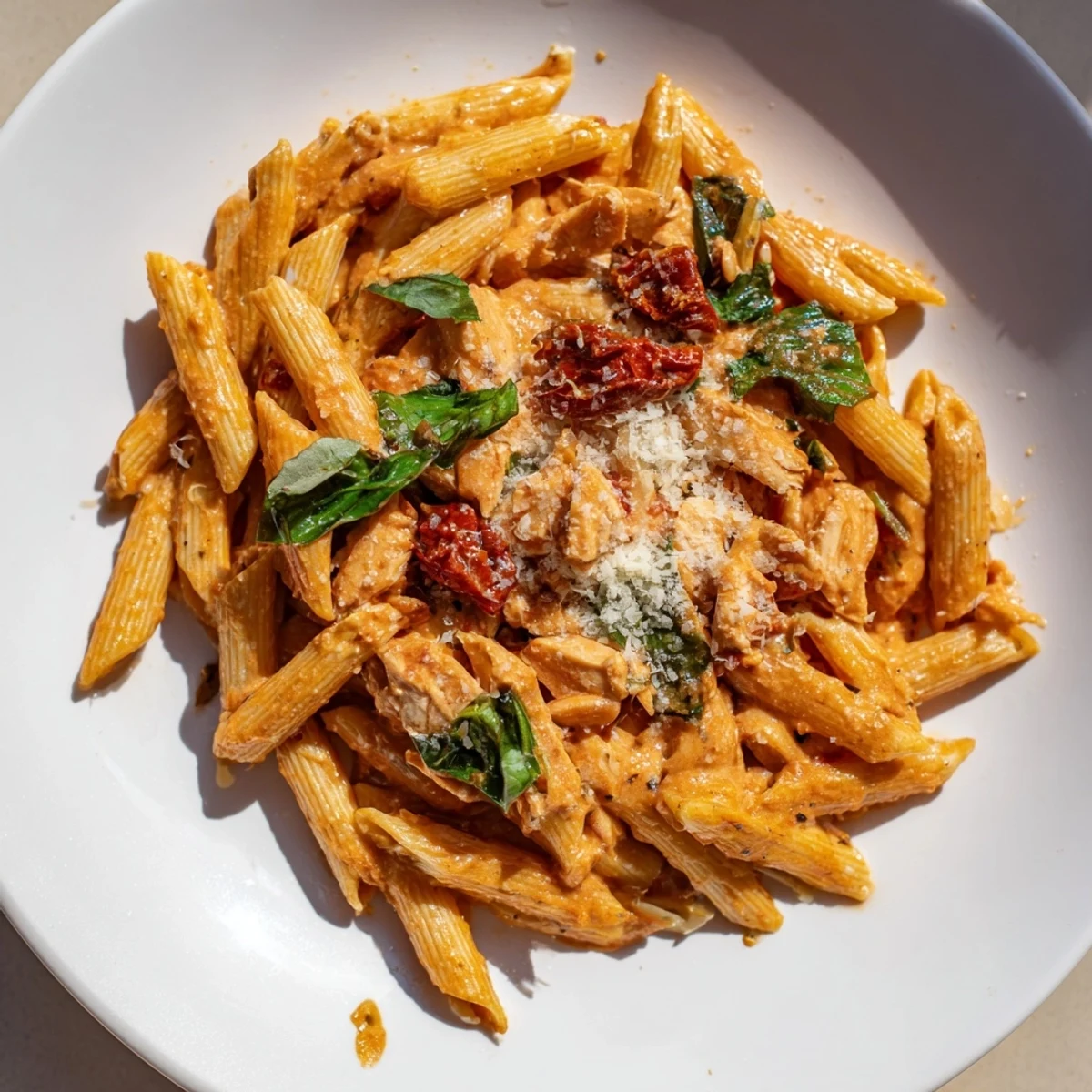 Close-up shot: a fork twirling Creamy Tomato Basil Chicken Pasta, ready for a delicious bite.