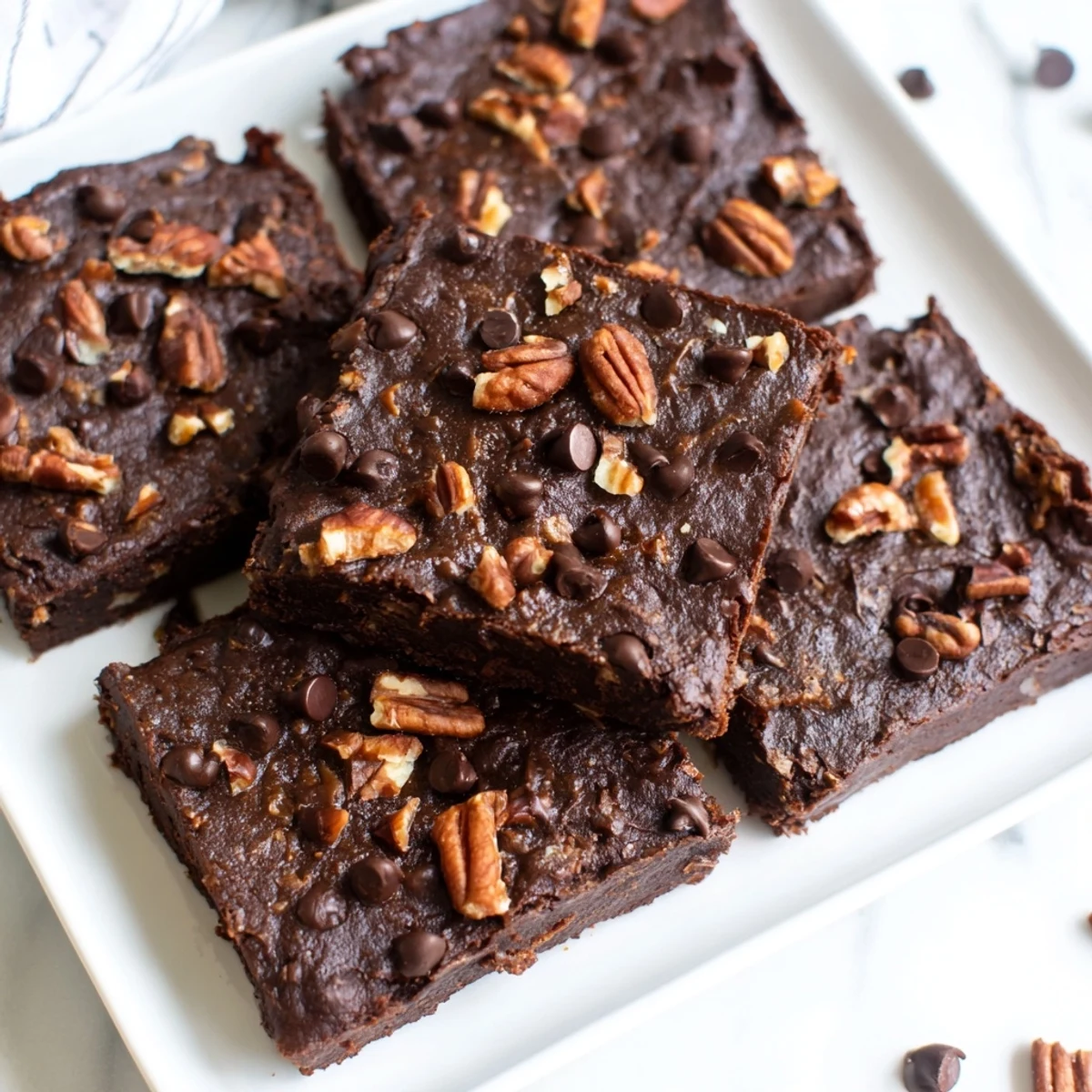 Sweet potato brownies, rich and dark, topped with chocolate chips, perfect for dessert.