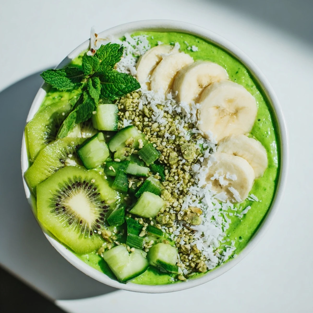 Vibrant green Green Smoothie Bowl with fresh kiwi slices and hemp seeds, ready to eat.