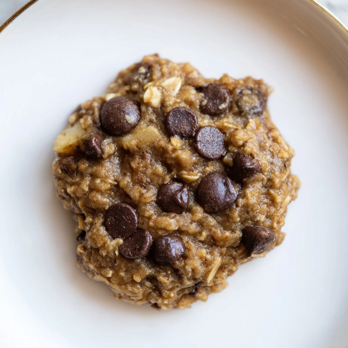 A close-up of delicious Oat-Banana Chocolate Chip Cookies, perfectly textured with melted chocolate chips and oats.