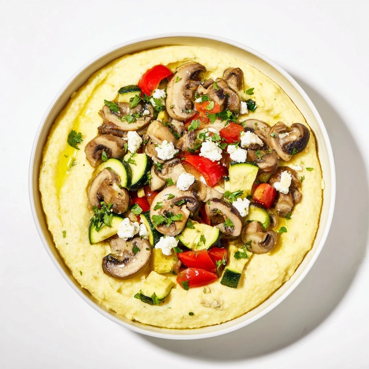 Steaming Cornmeal Mush Polenta Bowls, topped with roasted vegetables and herbs, ready to savor.