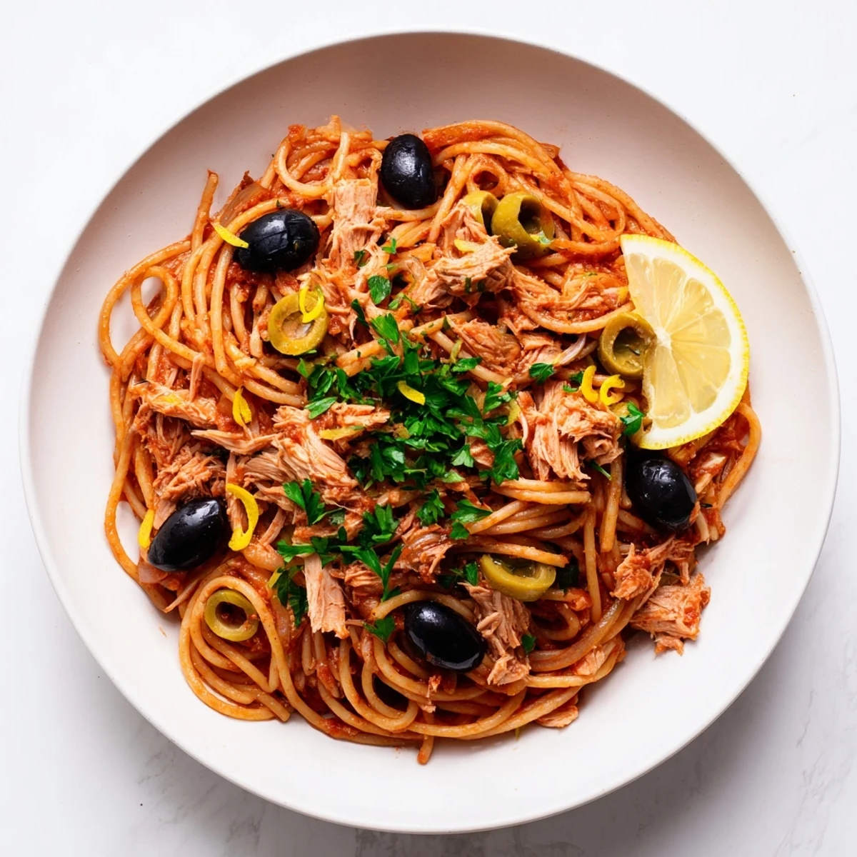 Pasta with Tuna, Olives & Capers: A close up shows the delicious Mediterranean pasta dish, ready to serve.