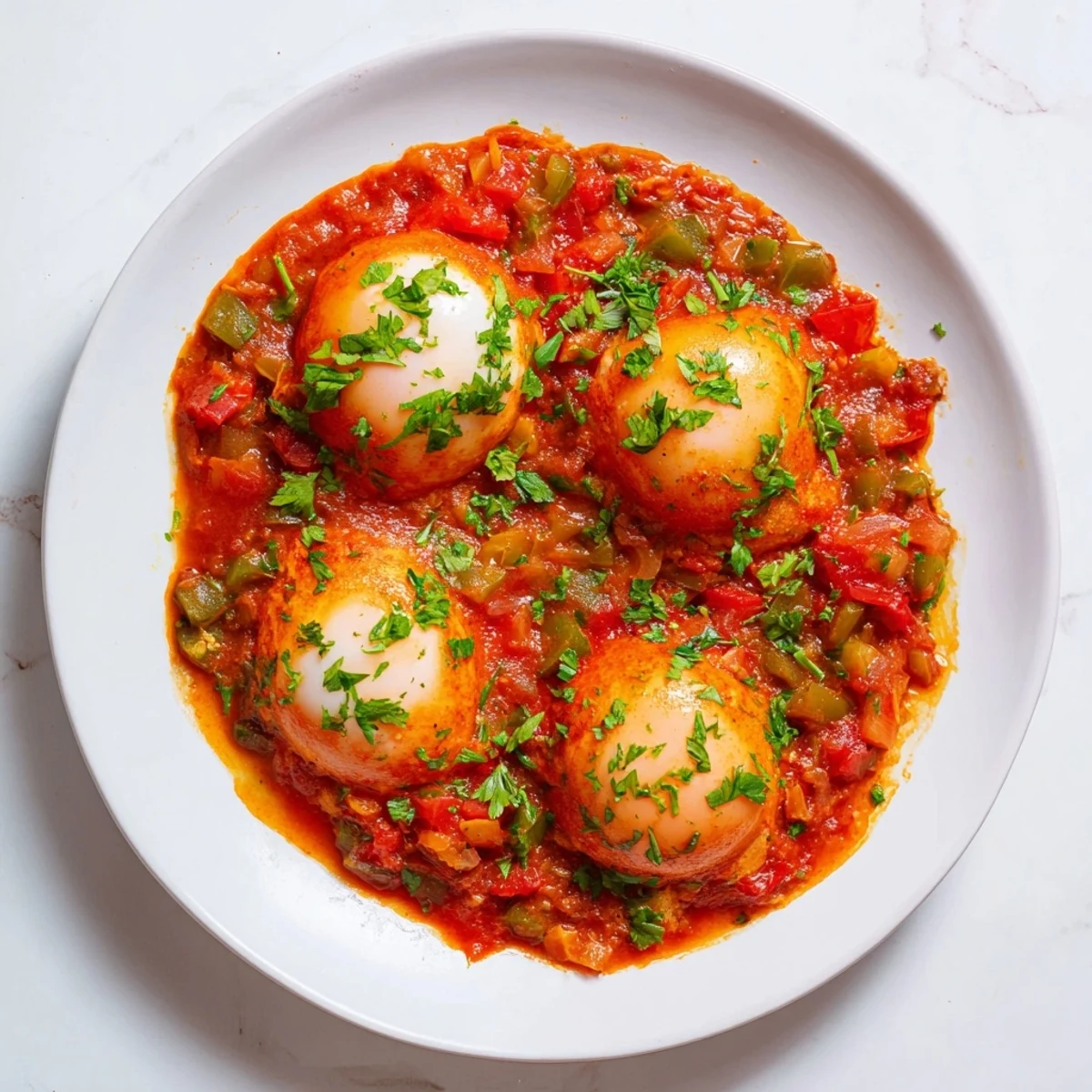 Savory Shakshuka, served hot, with golden yolks and a flavorful, chunky tomato base.