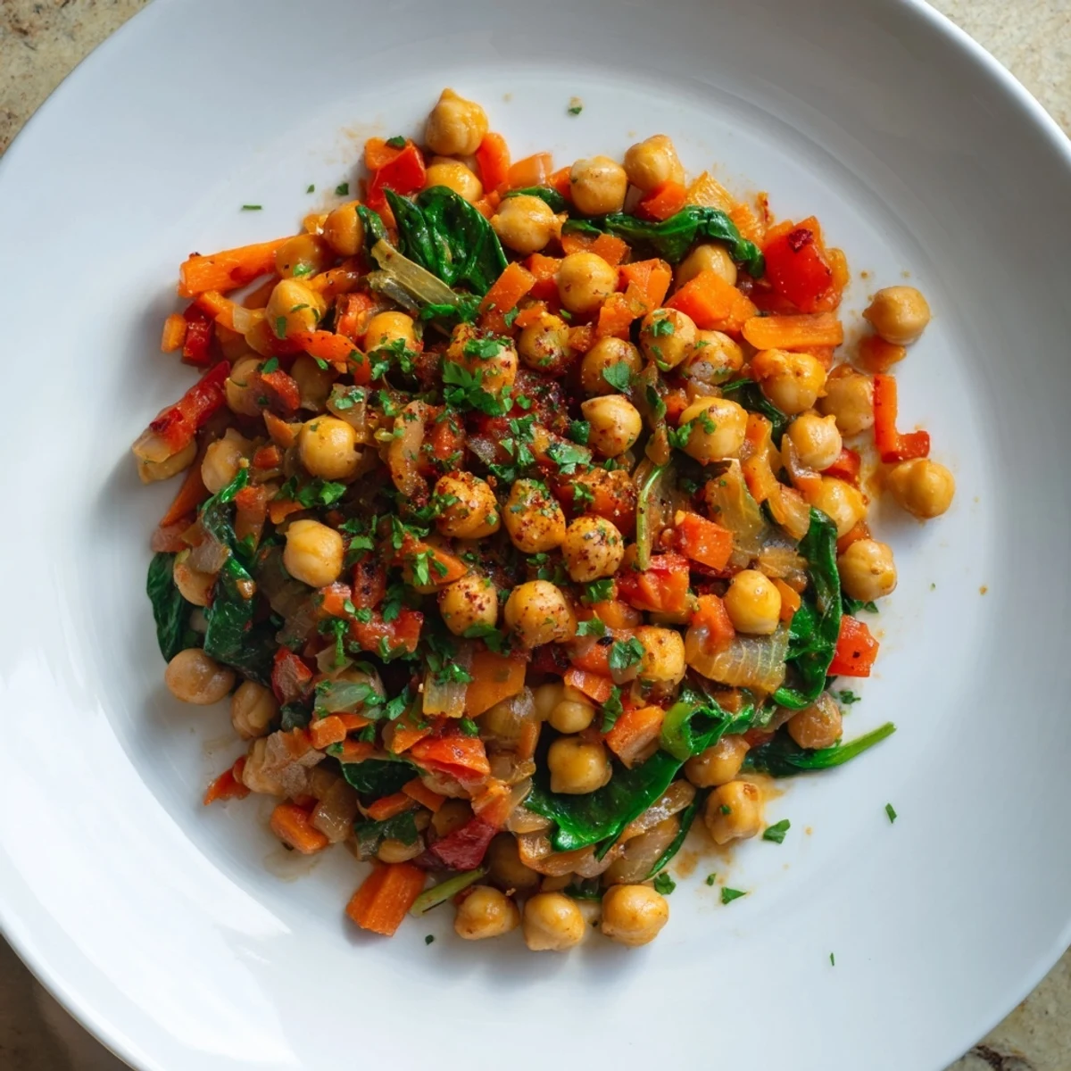 Sizzling Vegetarian Chickpea & Spinach Skillet topped with fresh parsley, ready to serve with crusty bread.