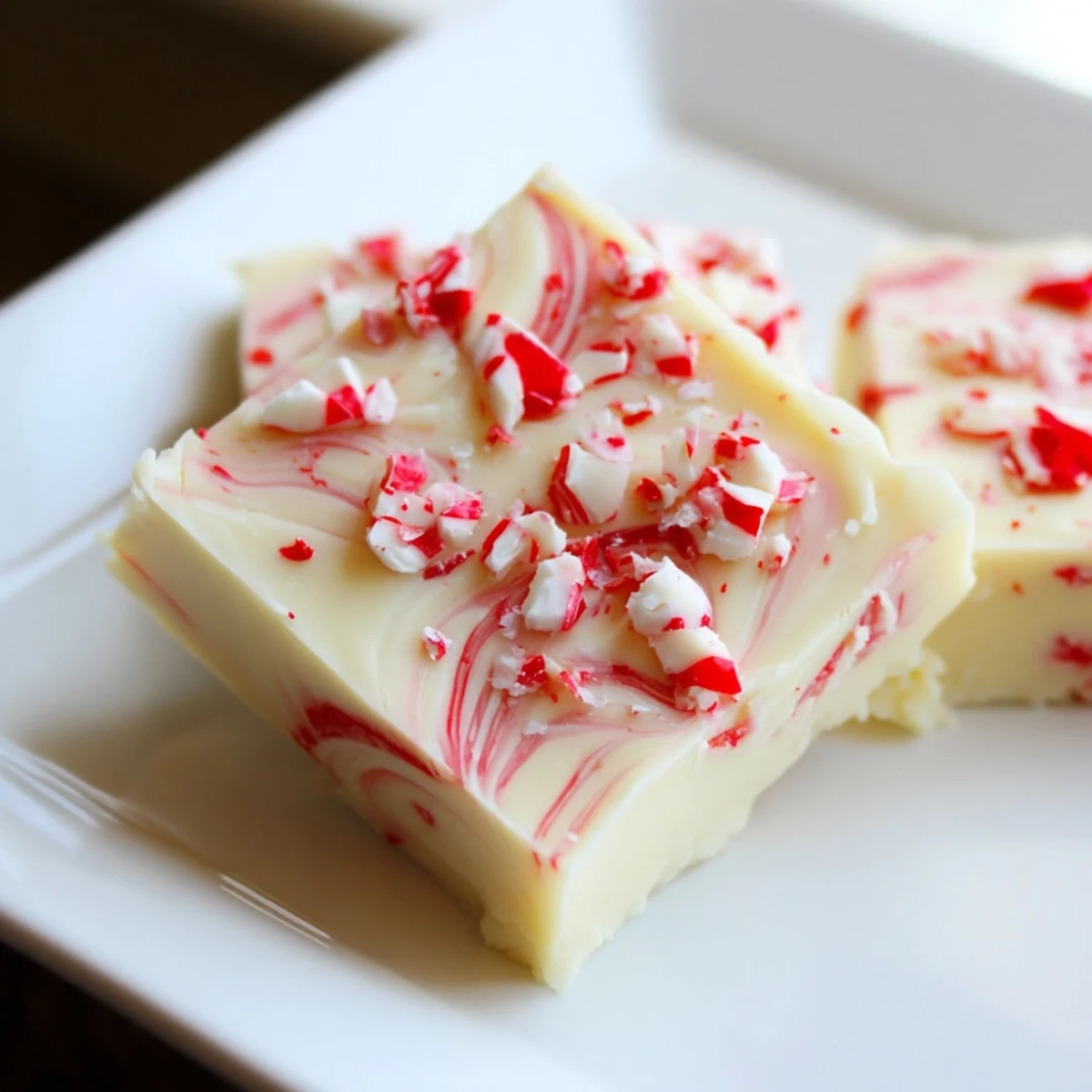 Smooth white chocolate peppermint bark fudge, swirled with bits of red and creamy white, ready to cut.