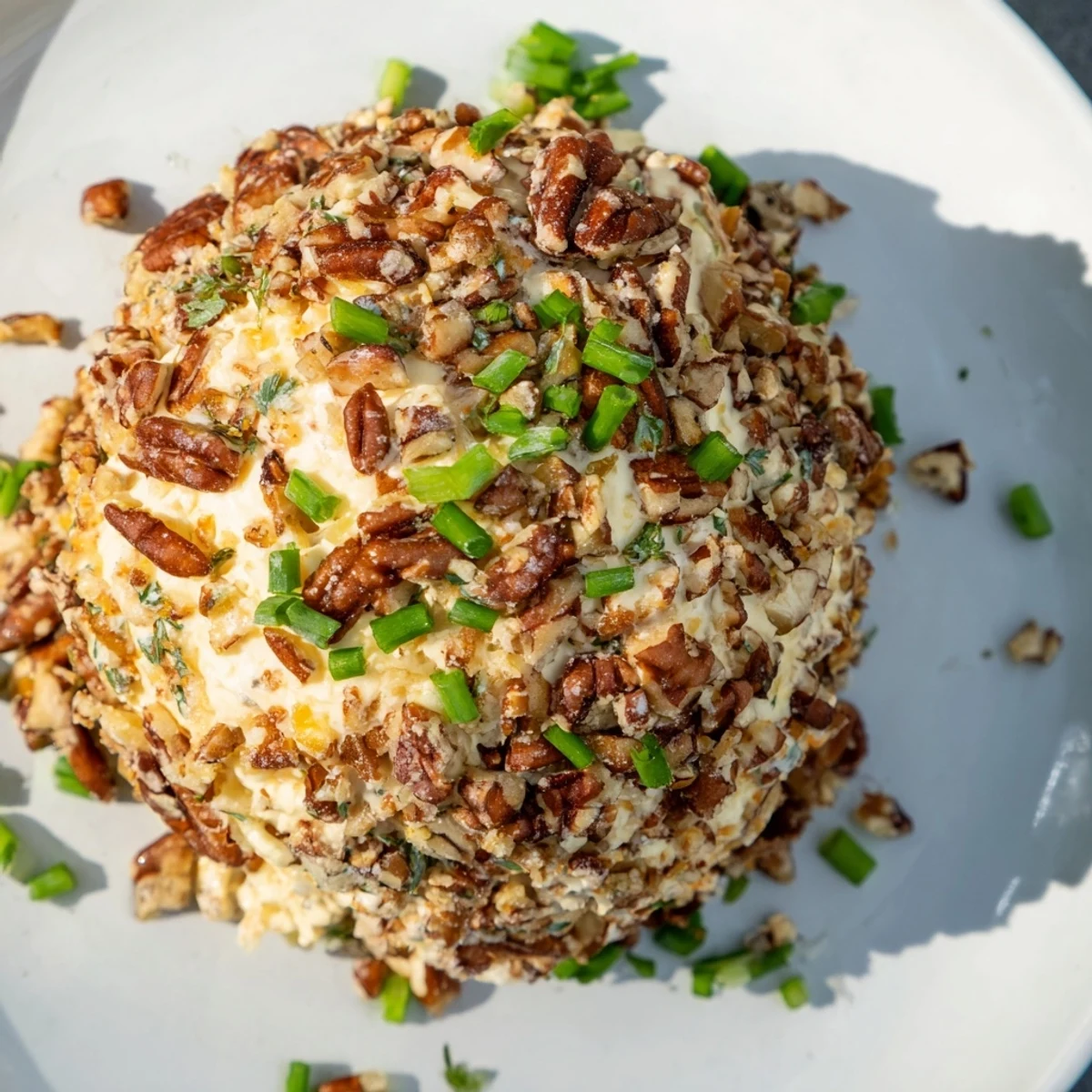 Close-up of a creamy Classic Cheese Ball, speckled with green herbs and covered in crunchy nuts, ready to enjoy.