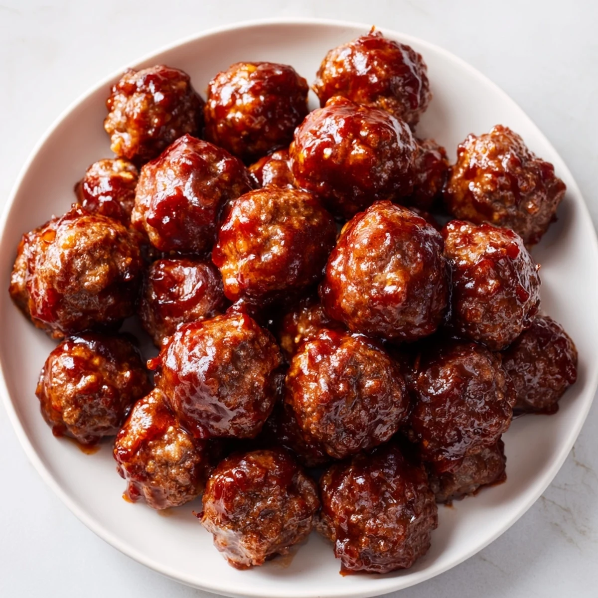 Juicy cherry-glazed meatballs glistening with a sweet, tangy sauce, perfect for a party appetizer.