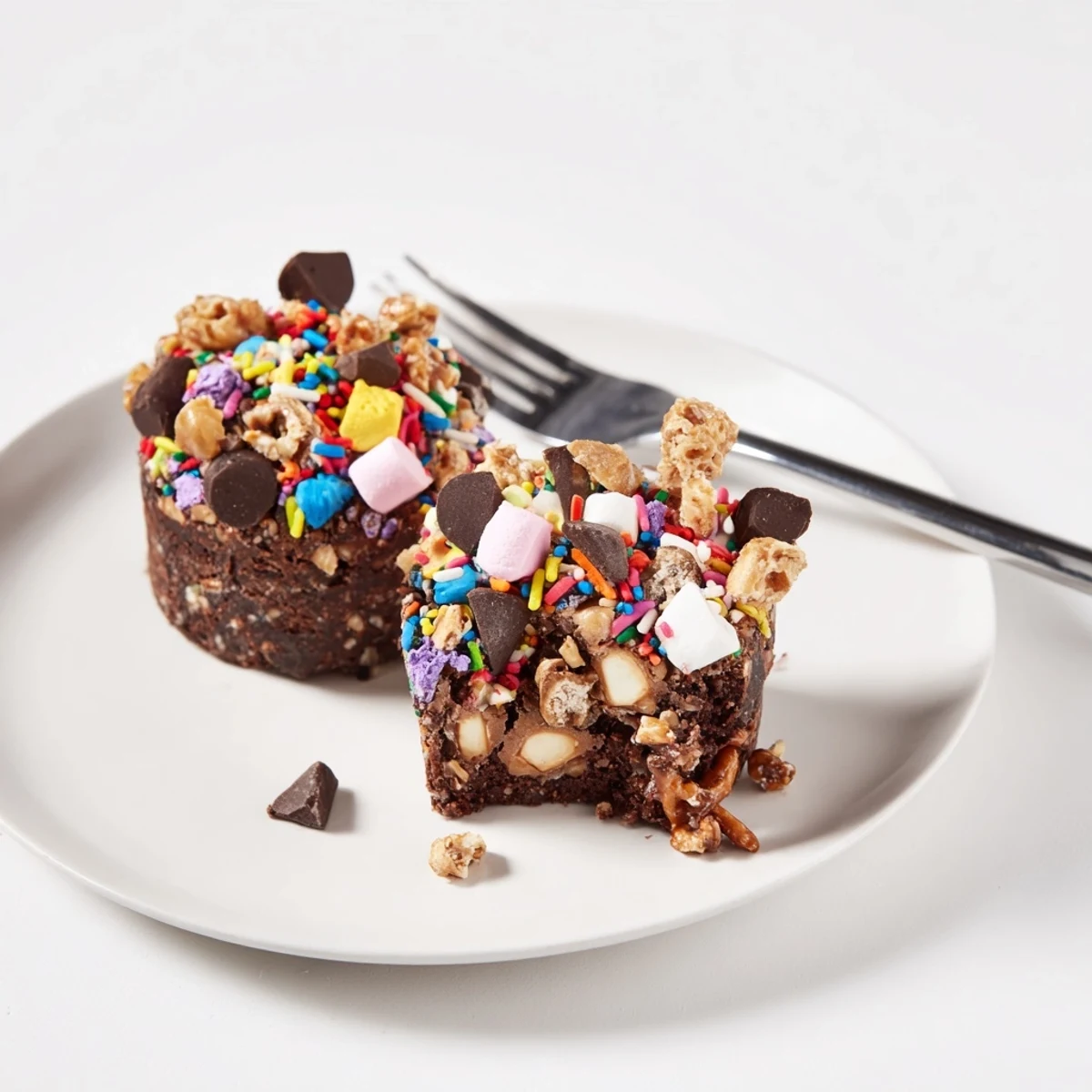 Close-up shot shows colorful Chaos Chocolate Cake Bites, a delightful and messy dessert.