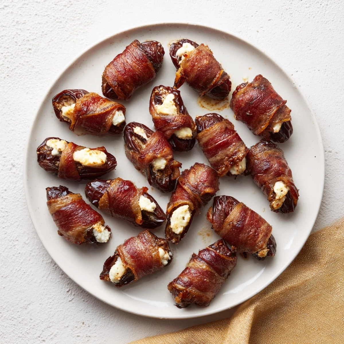 Golden, crispy bacon-wrapped dates stuffed with creamy goat cheese, ready to be enjoyed.