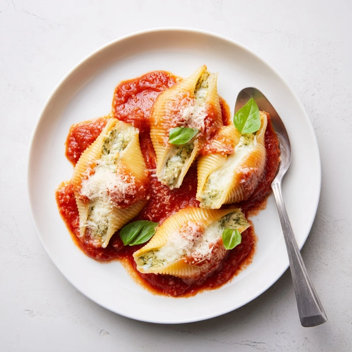 Warm and cheesy pesto and ricotta stuffed shells, with fresh basil garnish, a comforting vegetarian pasta dish.