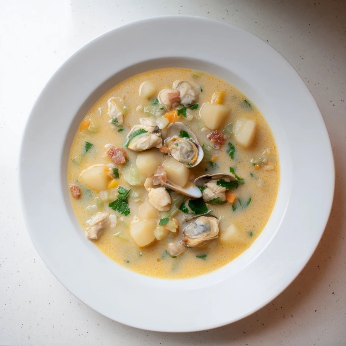 Steaming bowl of New England Clam Chowder, creamy and packed with clams and bacon, ready to serve.