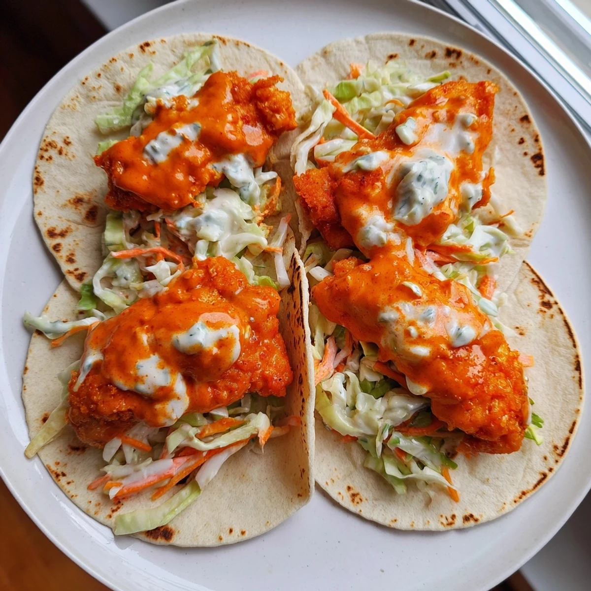 Crispy, golden-brown chicken patties smashed into tortillas, creating amazing Buffalo Chicken Smash Burger Tacos.