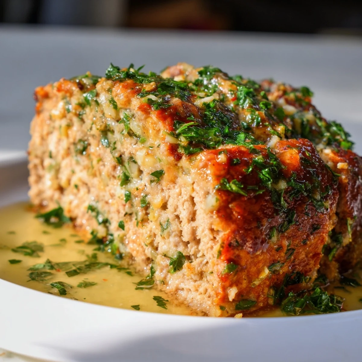 A juicy slice of Garlic Parmesan Chicken Meatloaf, glistening with a savory golden glaze.