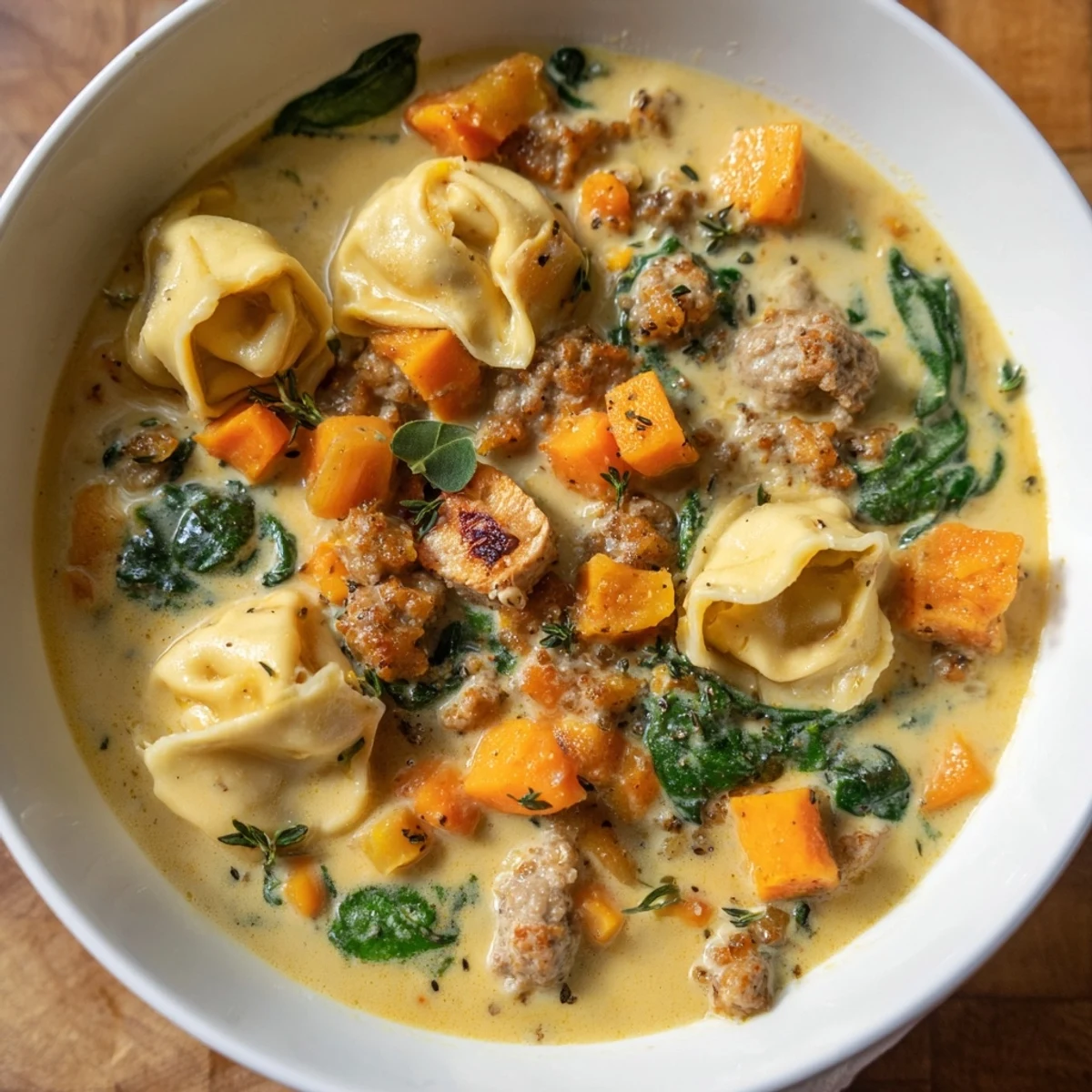 Garnished with fresh thyme, this creamy sausage tortellini soup is a quick, easy, and flavorful meal.