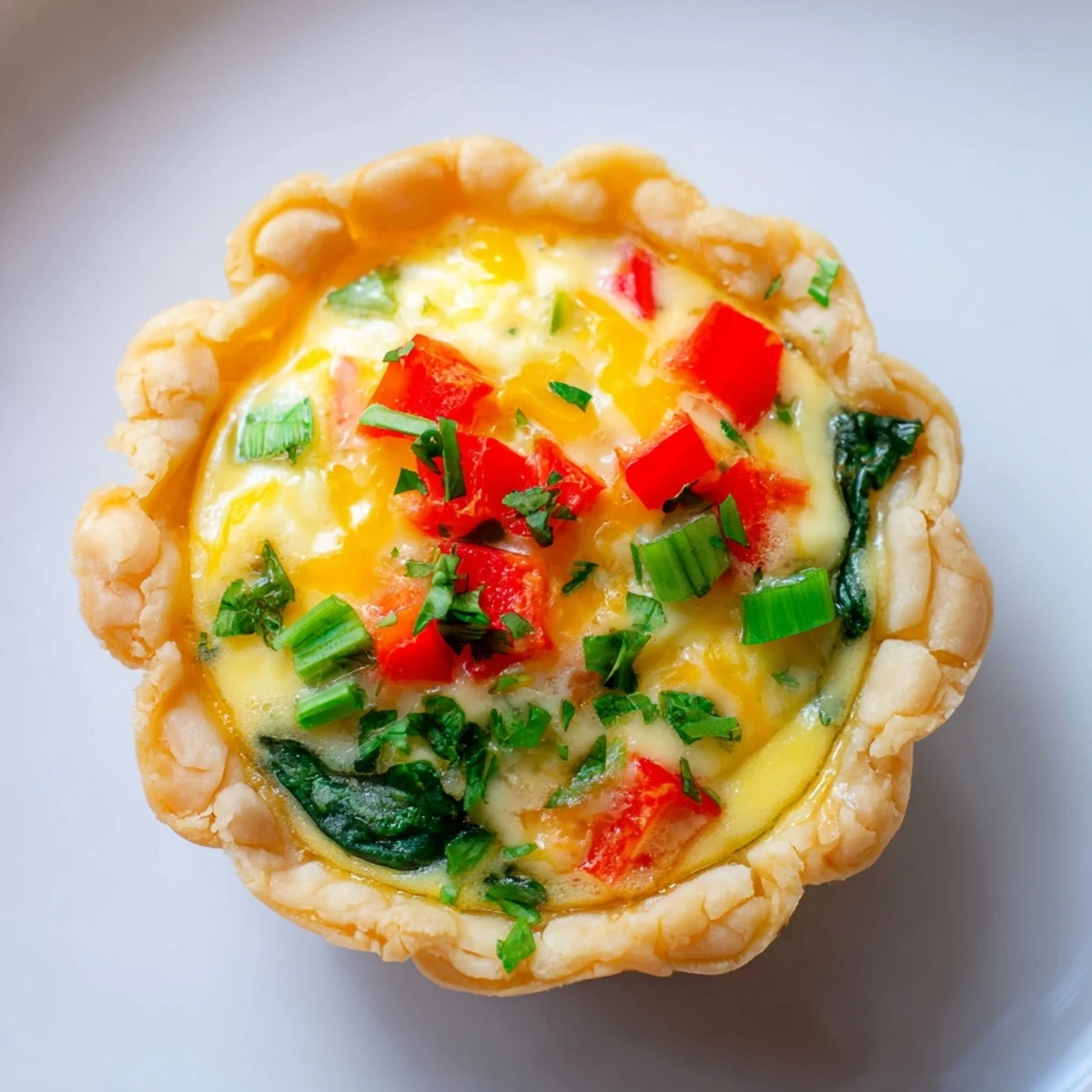 A close-up of savory Easy Festive Mini Quiche Cups, showing a creamy, cheesy filling.