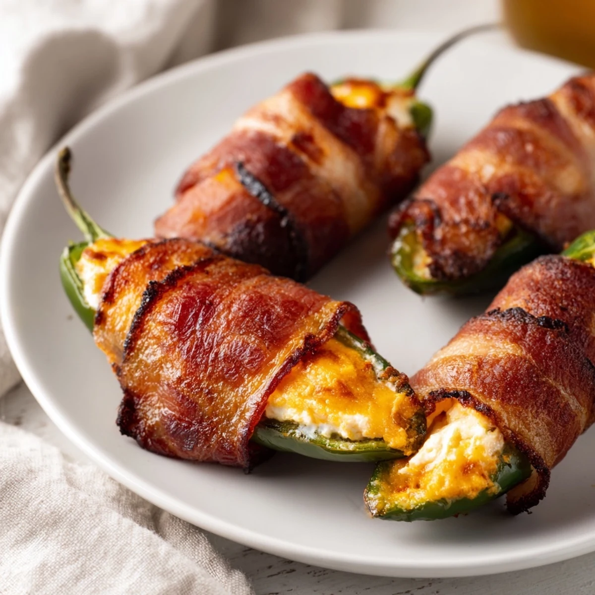 Golden, bubbly Express Holiday Jalapeño Poppers, stuffed with cheesy goodness and wrapped in crispy bacon.