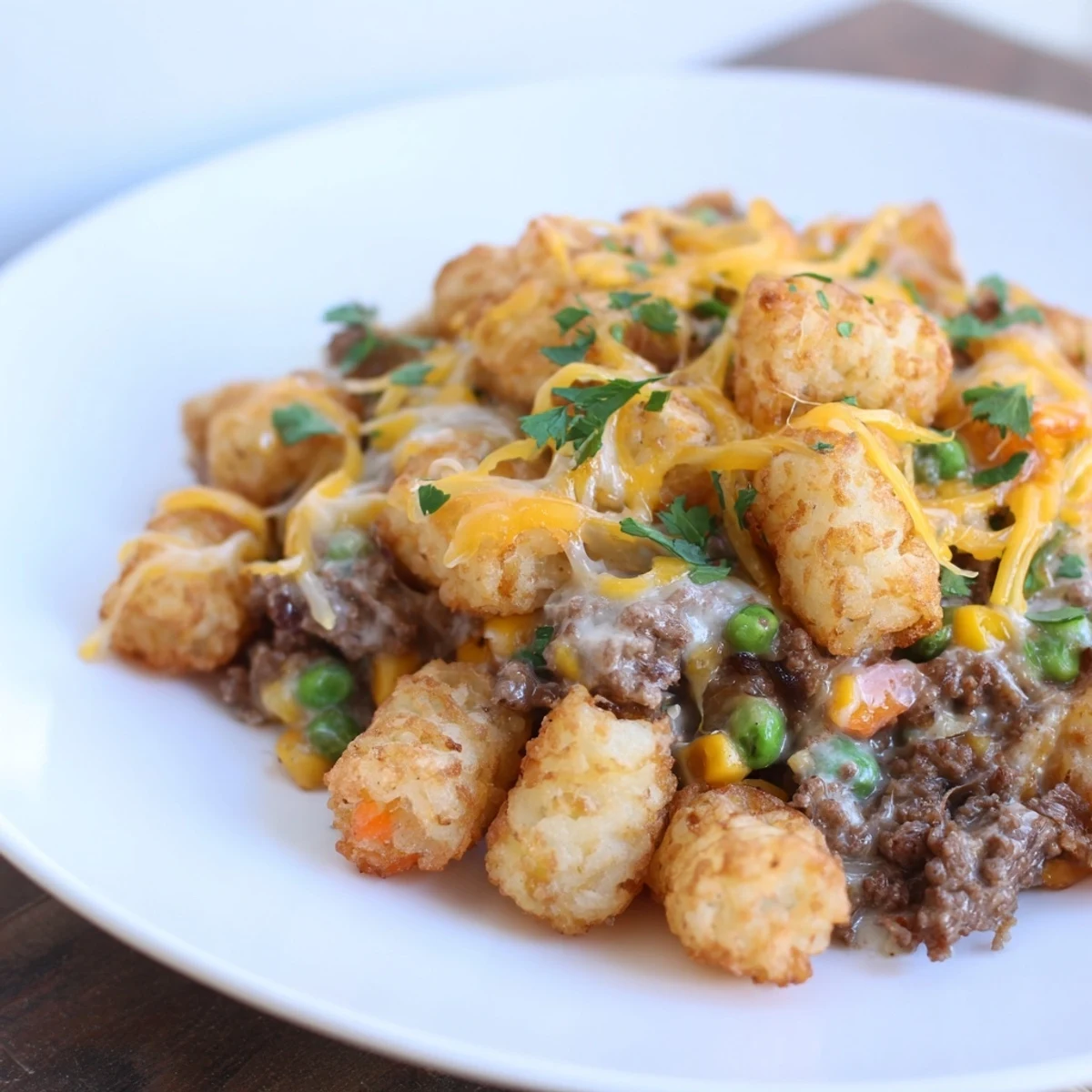 Golden, crispy tater tots crown a steaming Quick Christmas Tater Tot Casserole in a baking dish.