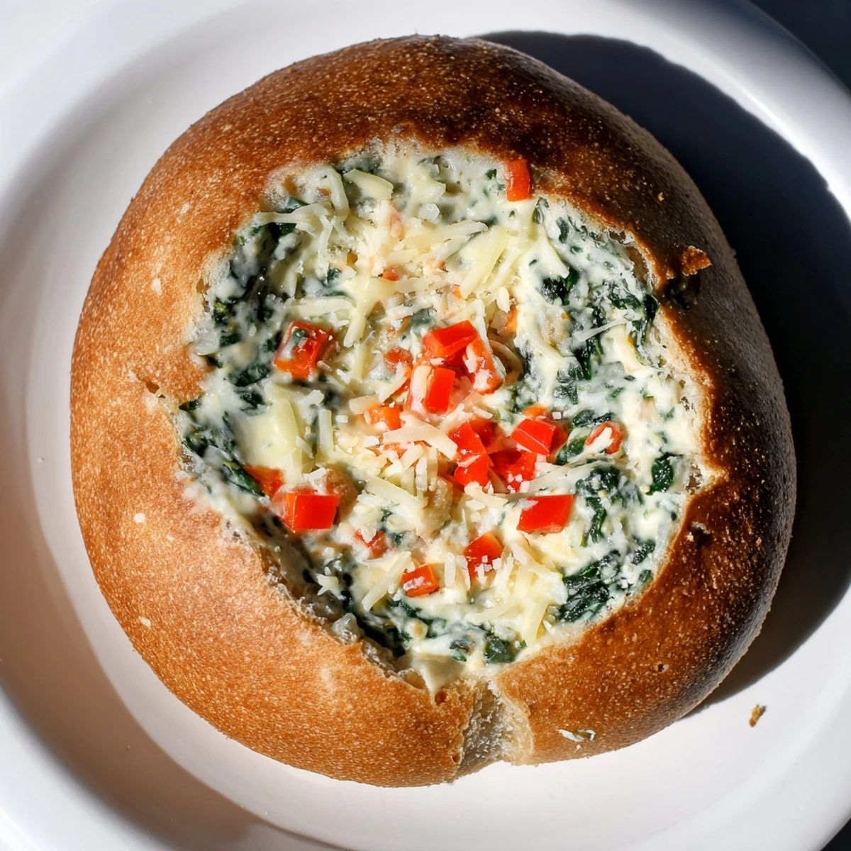 Warm, bubbly Express Holiday Spinach Dip in a crusty bread bowl, ready for dipping.
