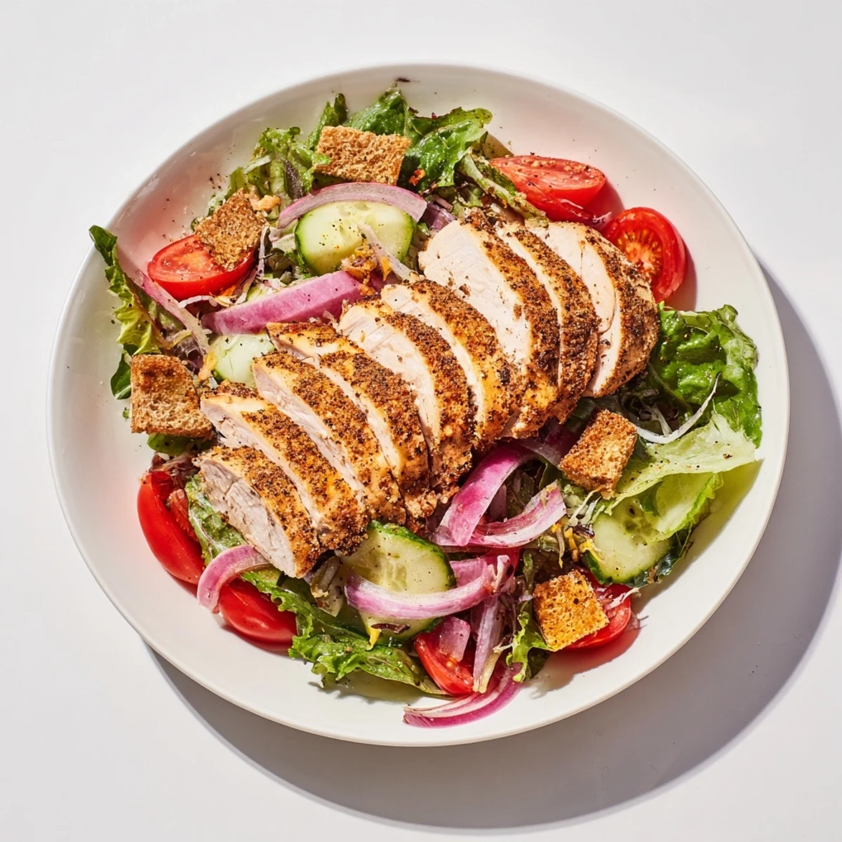 This Quick Crunchy Lemon Parmesan Chicken Salad features a bright, zesty dressing over plentiful ingredients.