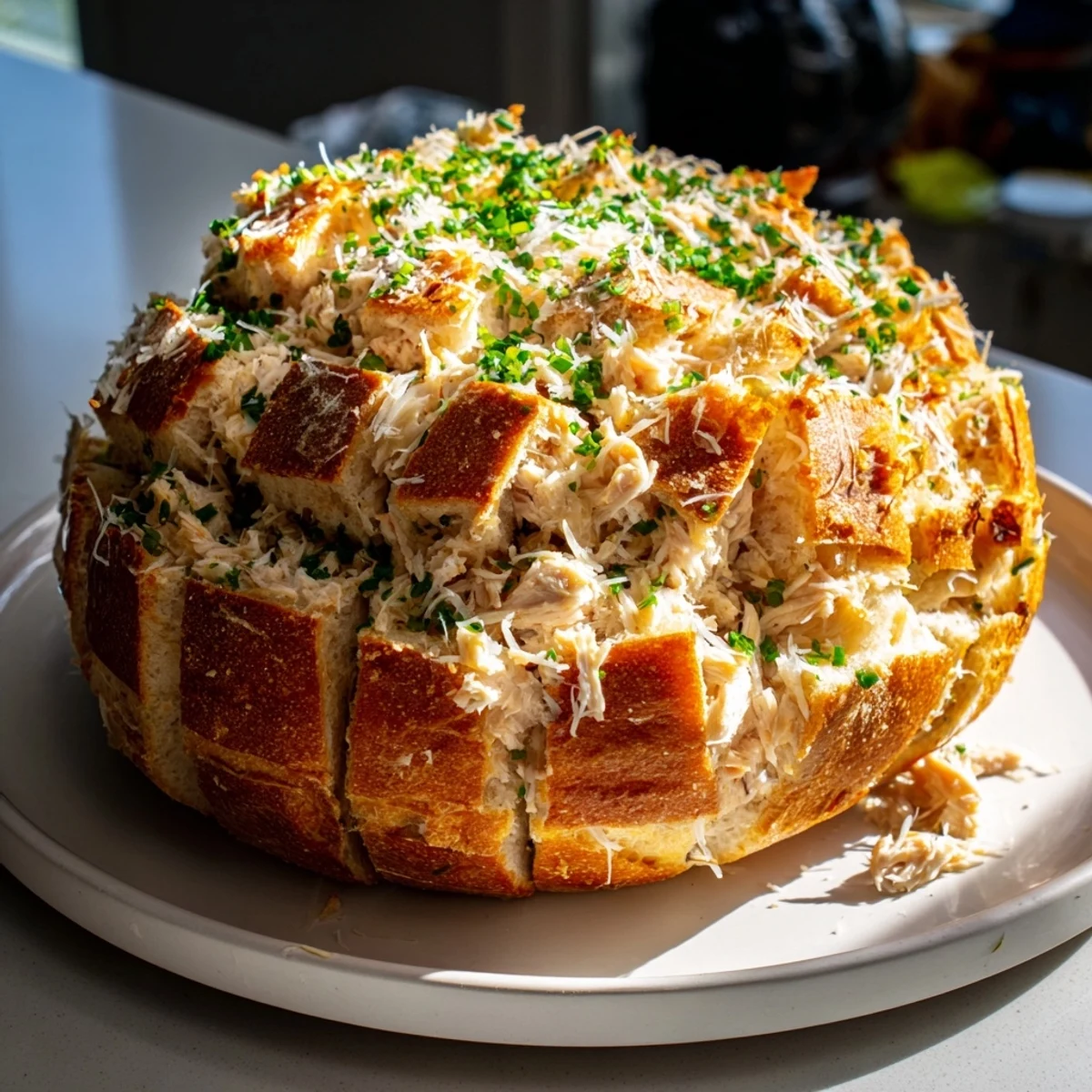 Freshly baked Cheesy Leftover Chicken Bake Pull-Apart Bread with bubbly, golden cheese and herbs.